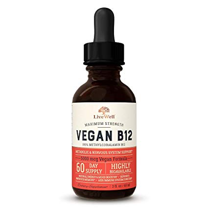 Vegan Vitamin B12 Sublingual Liquid Drops by LiveWell - Methylcobalamin Maximum Strength 5000 mcg Formula - Boost Energy and Mood, Improve Memory, Aid Immune System - 60 Servings