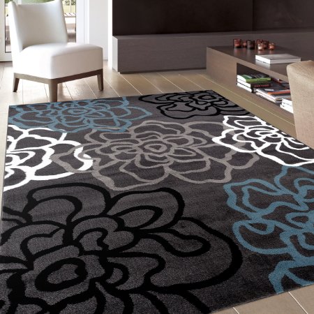 Contemporary Modern Floral Flowers Gray Area Rug 52X 72