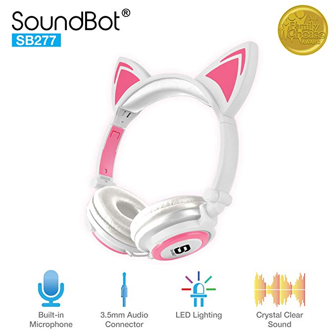 SoundBot SB277 Flashing Glowing LED Cat Ear Fordable Wired Over-Ear Headphone Headset w/Crystal Clear Stereo Sound, Built-in Mic, 3.5mm Audio Jack for Cosplay (WHT/PNK)