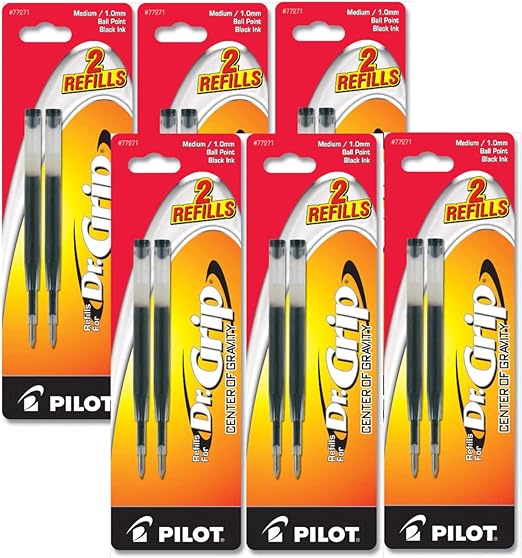 PILOT Dr. Grip Center of Gravity Ballpoint Pen Refills, Medium Point, Black Ink, 6 Packs of 2 Refills (12 Refills Total)