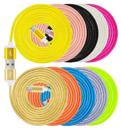 UMECORE 10Pcs/Pack 5Ft Multicolor Rugged Nylon Braided Cord Aluminium Alloy Metal Micro USB Charger Data Cable Charging Cord for Galaxy S6 S3 S4 Note 2/4 Mega A3/A5/A7 E7, Galaxy Tab, Nokia Lumia, Moto X/G, LG G3/G4, Nexus 3/4/5/6/7/9/10, and more Android Devices (Black, White, Silver, Gold, Blue, Green, Pink, Orange, Yellow, Hot Pink)