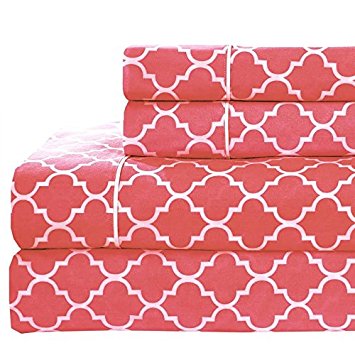 Full size- Coral Printed Meridian 100% Cotton Percale 4pc Sheet set- Modern Reactive Print