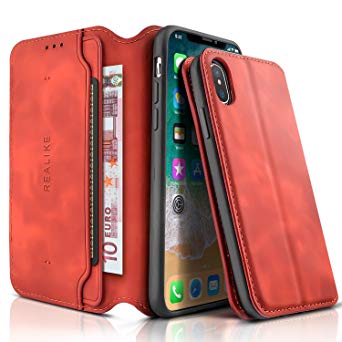 REALIKE For iPhone X iPhone Xs Wallet Case Leather Flip Case with Card Holder For iPhone Xs iPhone X and Kickstand Magnetic Closure in Shockproof Protection for Men and Women-Red