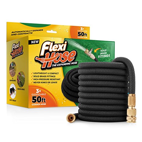 FlexiHose Upgraded Expandable 50 FT Garden Hose, Extra Strength, 3/4" Solid Brass Fittings - The Ultimate No-Kink Flexible Water Hose, 8 Function Spray Nozzle Included