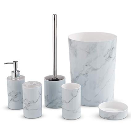 LIVIVO Stylish 6pc Bathroom & Sink Accessory Set - Modern Vanity Organiser Kit Include Tumbler, Toothbrush & Toilet Brush Holder, Lotion Dispenser, Soap Dish & Trash Bin (White Marble)