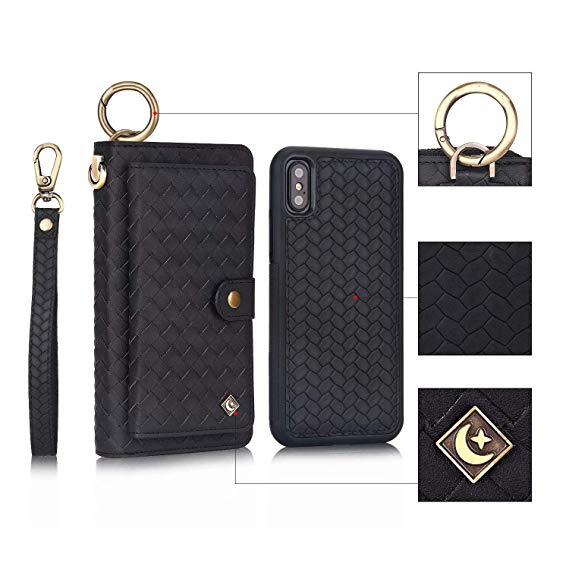 JAZ iPhone XS Wallet Case, iPhone X Wallet Case Zipper Purse Detachable Magnetic 14 Card Slots Money Pocket Clutch Leather Wallet Case Cover for iPhone X(2017) /iPhone XS(2018) 5.8 Inch - Black