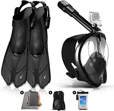 Odoland 5-in-1 Snorkeling Packages, Full Face Snorkel Mask with Adjustable Swim Fins, Lightweight Backpack and Waterproof Case, Anti-Fog Anti-Leak Snorkeling Masks Gear for Men Women Adult