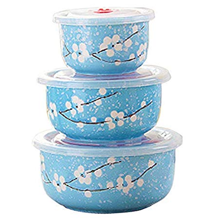 Microwave Bowls with Lid, Japanese Style Blue Ceramics Bowls Set with Lids - Ceramic Food Storage Container Set Nesting Mixing Bowls Set Serving Soup Salad Snack Noodle(3 Piece Set)