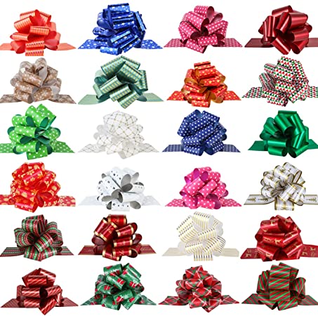 PintreeLand 24PCS Christmas Wrap Pull Bows with Ribbon 5” Wide Wrapping Accessory for Xmas Present, Gift, Florist, Bouquet, Basket, Xmas Tree Decoration (24 PCS)