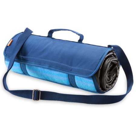 Yodo Compact Water-Resistant Picnic Sporting Events Blanket Tote (59 X 53 inches) with Shoulder Strap, Spring / Summer Blue Stripe