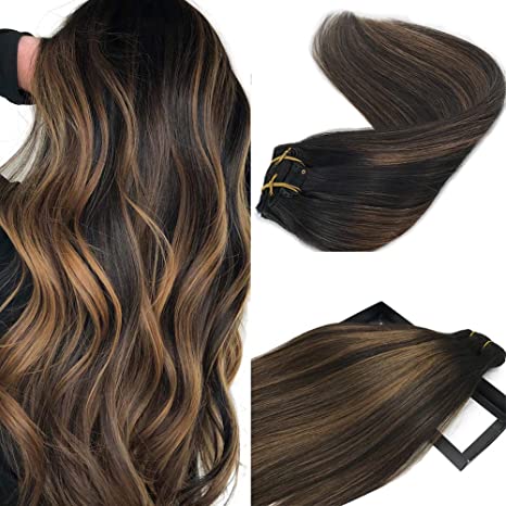 Labeh Human Hair Extensions Clip in Ombre Natural Black Highlighted Light Brown Real Human Hair Remy Clip in Hair Extensions Double Weft Thick End Balayage Hair Extensions 18inch 7pcs 120g