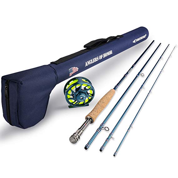 KastKing Anglers of Honor Fly Fishing Combo, 4 Pc Graphite Rod Blank, 9’ 5 Wt Medium Fast Action, Includes Fly Reel, Weight Forward Floating Fly Line & Backing, Travel Case