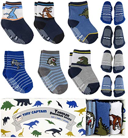 Toddler Boy Socks Baby Boys Dinosaur Sock 1-3 Year Old Non Slip Grip 8-36 Months Gift Set 6 Pack from Tiny Captain (Blue)