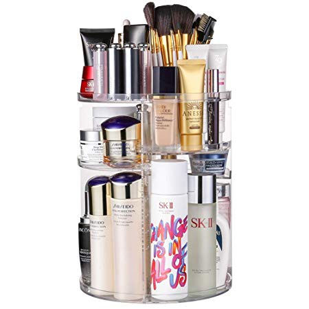 Makeup Organizer,360 Degree Rotating and Adjustable Multi-Function Vanity Cosmetic Storage Box, Extra Large Capacity, Space Saving, Fits Toner, Creams, Makeup Brushes, Lipsticks and More (Clear)