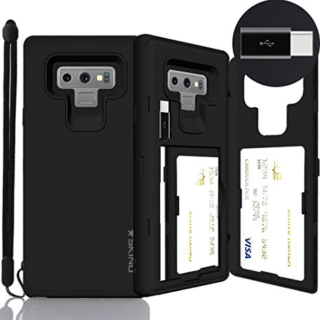 Galaxy Note 9 Case, SKINU [Note 9 Wallet Strap] Note 9 Charger Dual Layer Hidden Credit Holder Card Case with Wrist Strap Inner USB Type C Adapter and Mirror for Galaxy Note 9 (2018) - Black