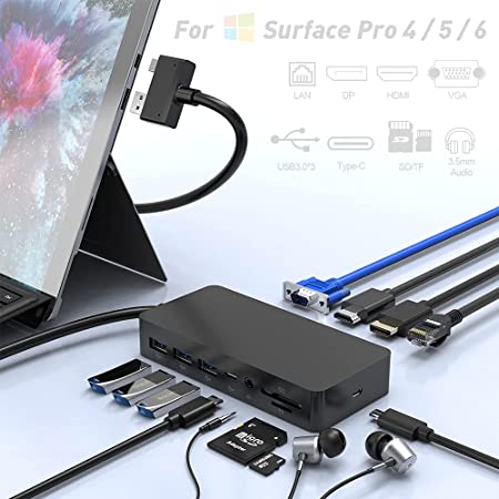 Surface Pro Docking Station 4K Triple Display 12 in 1 Surface Dock hub Compatible for Microsoft Surface Pro 4/Pro 5/Pro 6 Dongle (HDMI VGA DP PD3.0 SD TF Reader RJ45 3USB)