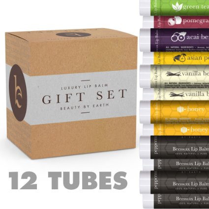 Lip Balm Gift Set - Packs of 12 Tubes of Beeswax Lip Care - With Natural Ingredients - Flavors Peppermint Green Tea Acai Berry Asian Pear Pomegranate Honey and Vanilla Bean - Made in the USA by Beauty by Earth