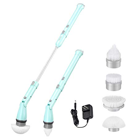 [Updated Version]Homitt Electric Spin Scrubber, Cordless Spin Scrubber with 3 Interchangeable Brush Heads, 1Extension Arm and Adapter, Rechargeable Battery for Powerful Clean of Bathtub, Floor and Sink