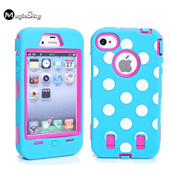 iPhone 4s Case, iPhone 4 Case, Magicsky iPhone 4g New Case with Polka Dots Pettern Full Body Hybrid Impact Shockproof Defender Case Cover for Apple iPhone 4/4s, 1 Pack(Hot Pink/Blue)