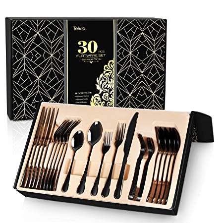 Teivio 30-Piece Silverware Set, Black Flatware Set Mirror Polished, Service for 6, Include Knife/Fork/Spoon with Gift Box