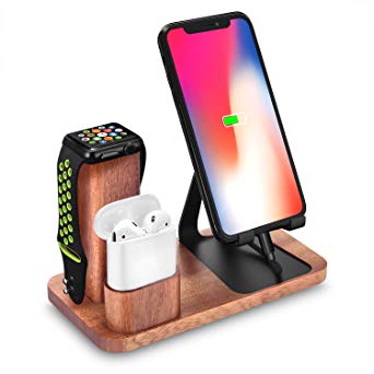 Cell Phone Stand, LiZhi 3 in 1 Universal Charging Dock Station Compatible with Airpods Apple Watch Series 4/3/2/1 iPhone Xs Max XS XR X 8 7 6S 6 Plus SE 5S 5 Android Smartphone (Wood) (Black-Wood)