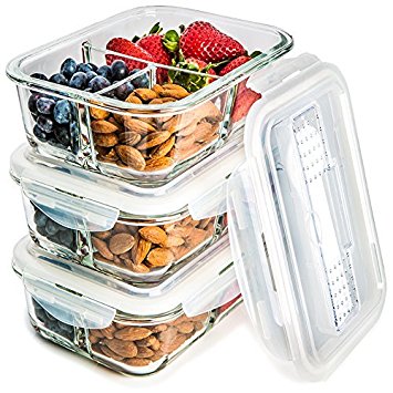 Glass Meal Prep Food Storage Containers Set – 3 Compartment Dishes with Extra High Divider - BPA Free, Microwavable, Perfect Portion Control Lunch Boxes - 3 Pack, Medium