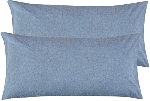 NTBAY Washed Cotton King Size Pillowcases, 2 Pack Breathable Yarn Dyed Solid Envelope Closure Pillow Cases, 20 x 36 Inches, Denim Blue