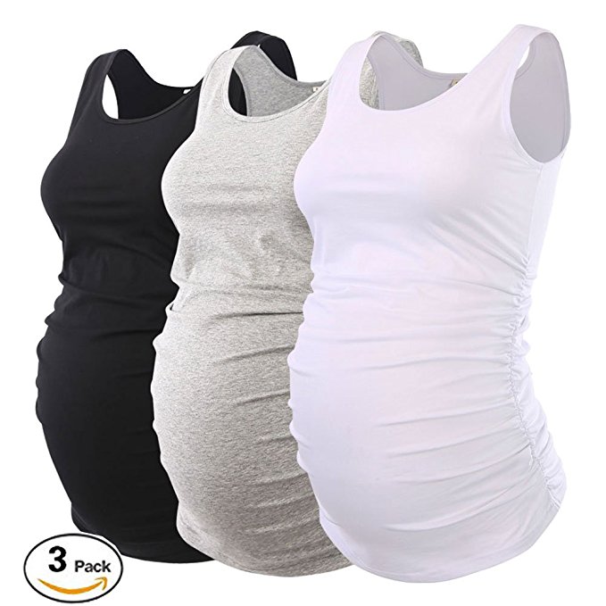 Jinson Pack of 3pcs Mama Womens Layering Maternity Tank Top Pregnancy Tee Scoop Neck Sleeveless Ruched Vest