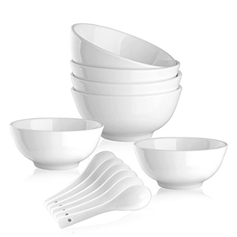 22 OZ Porcelain Cereal / Soup Bowl Set Dinnerware Bowls for Entree, Oatmeal ,Pasta, Stews,Noodle,Salad - Set of 6 Bowls and 6 Spoons , White, Lead and Cadmium Free