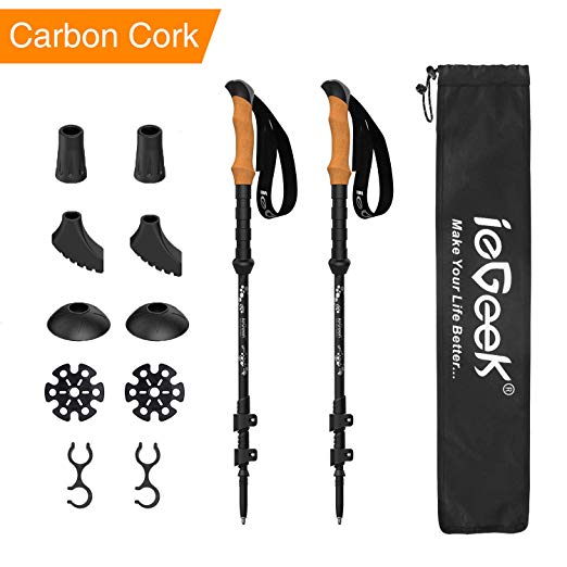 ieGeek Trekking Poles - Collapsible Hiking or Walking Sticks for Man Woman - Strong, Lightweight, Flip Locks, Cork Grip, Adjustable Hiking Poles with All Terrain Accessories and Carry Bag