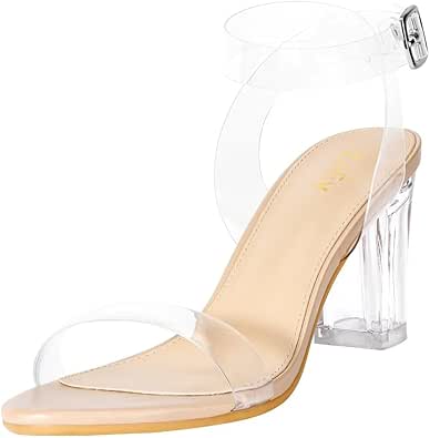 ZriEy Women's Clear Heels Chunky Block Mid High Heeled Sandals Open Toe Transparent Ankle Strap Dress Pump Shoes for Women in Daily Wear Party Wedding