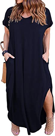 Nemidor Women's Casual Loose Pocket Long Dress Short Sleeve Plus Size Slit Maxi Dress