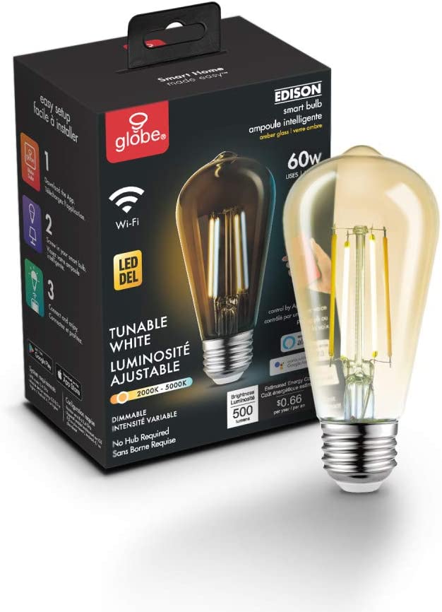 Globe Electric 34919 Wi-Fi Smart 5.5W (60W Equivalent) Straight Filament Tunable White Amber Glass LED Light Bulb, No Hub Required, Voice Activated, 2000K - 5000K, Vintage Edison Style, E26 Base