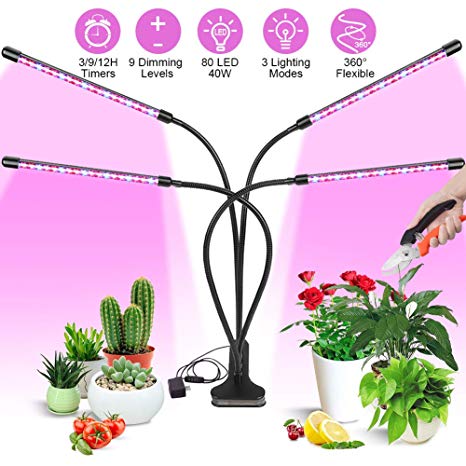 Grow Light for Indoor Plants, LAIDUOAO 4 Adjustable Goose Necks 40W 80 LED Lamps 9 Dimmable Levels Grow Light for Indoor Plants, Plant Lights with Clip, Growing Lamp with 3/9/12H Timer