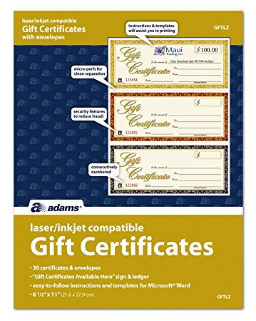 Adams Gift Certificates, Laser/Inkjet Compatible, 3-Up, 30 per Pack with Envelopes (GFTLZ)