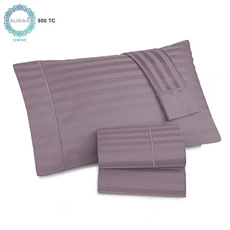 AURAA Comfort 500 Thread Count 100% American Supima Long Staple Cotton Sheet Set,4 Pc Set,Sateen Weave,Damask Stripe Sheet, Amazon, Fits Upto 16" Deep Pocket (Purple Ash, Queen)