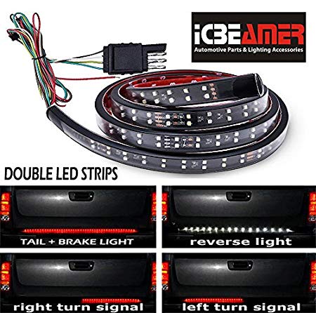 ICBEAMER 5-Function 60" 2 Row LED Truck Tailgate Side Bed Light Strip Bar Waterproof Reverse Turn Signal, Parking, Brake