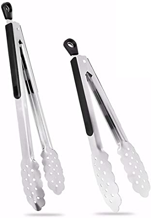 harmiey Kitchen Tongs, 2 packs Barbecue Tongs (9” and 12”) Stainless Steel Cooking Tongs Heat Resistant Handle Smart Locking Clip Non-Slip for BBQ, Salad, Grill, Fry, Serving