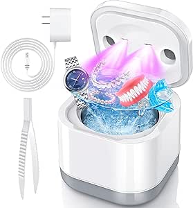 Ultrasonic Jewelry Cleaner, Jewelry Cleaner Machine with 200ML, Professional Sonic Cleaner with One-Touch Operation, U-V Ultrasonic Retainer Cleaner Rings/Electronics/Jewelry/Dentures