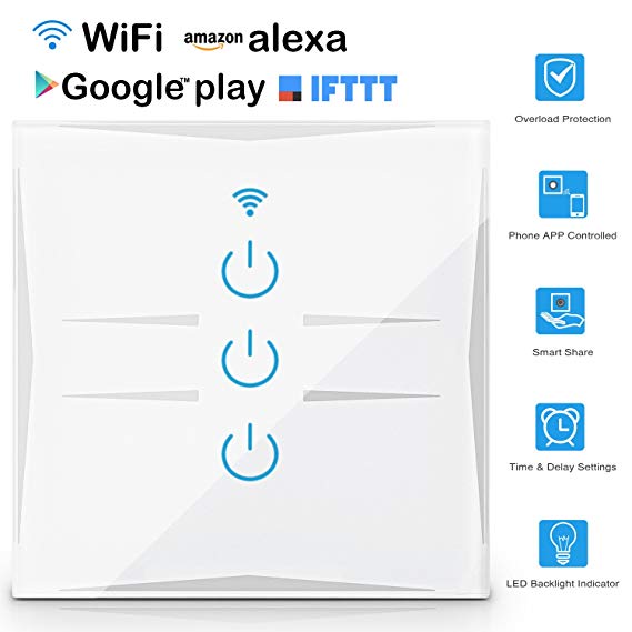 Koiiko 3 Gang WiFi Light Switch Works with Alexa & Google Assistant & IFTTT In Wall Timing Sensitive Touch Wireless Smart Light Switch Voice Remote Controlled by APP for iPhone Samsung - No Hub Needed