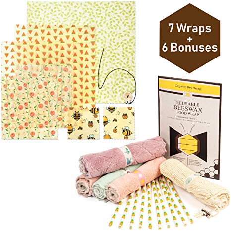 (13 pc. Bundle) Beeswax Food Wraps, Kitchen Cloths, Disposable Paper Straws and Cotton Mesh Produce Bags, Sustainable and Reusable Storage for Snacks, Sandwiches, Meals - Say Goodbye to plastic!