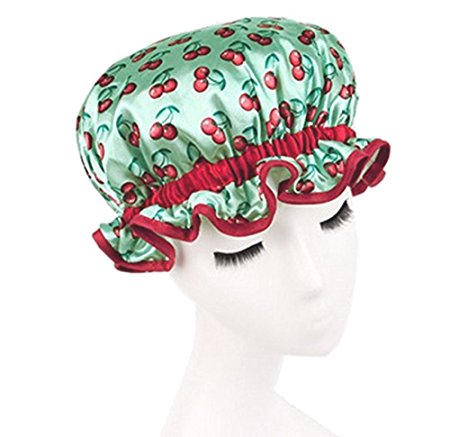 Reusable Elastic Double-deck Waterproof Shower Cap for Bath Spa Shower cap (Adult Size, Green with Red cherry)