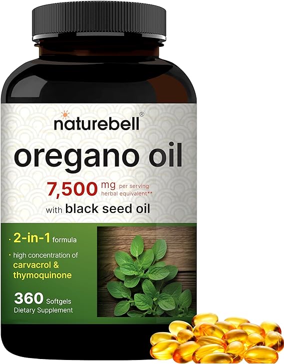 NatureBell Oregano Oil with Black Seed Oil 7,500mg, 360 Softgels | Wild Harvested, 50:1 Fresh Oregano Extract – Retains Carvacrol & Thymoquinone – Essential Oils for Immune Health – Non-GMO