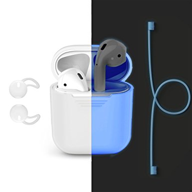 Airpods Accessories 3 Pieces Set (Nightglow Blue), Bandmax Airpods Silicone Case&Airpods Earhooks&Anti-lost Strap Shockproof and Protective Cover Skin for Airpods Charging Case