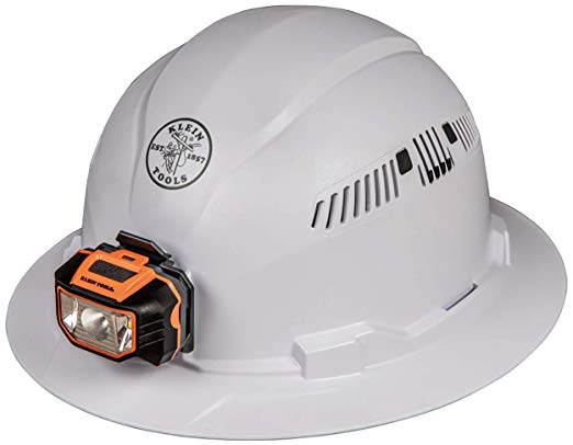 Klein Tools 60407 Hard Hat with Light, Vented Full Brim Style, Padded, Self-Wicking Odor-Resistant Sweatband, White