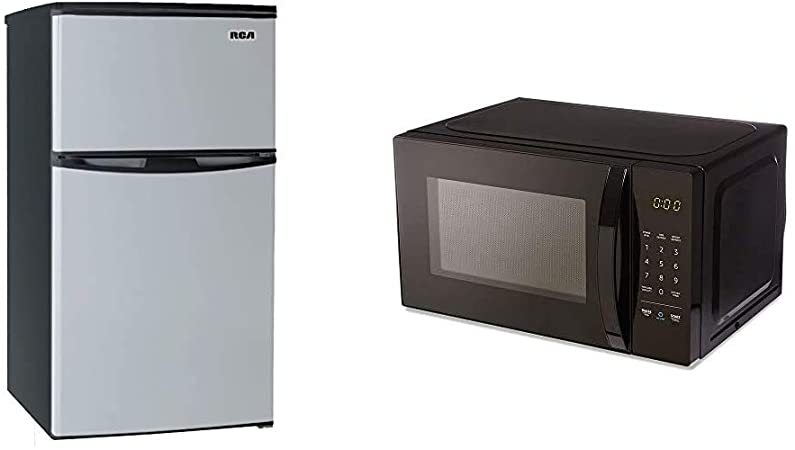 3.2 Cubc Foot 2 Door Fridge and Freezer, Stainless Steel & AmazonBasics Microwave, Small, 0.7 Cu. Ft, 700W, Works with Alexa