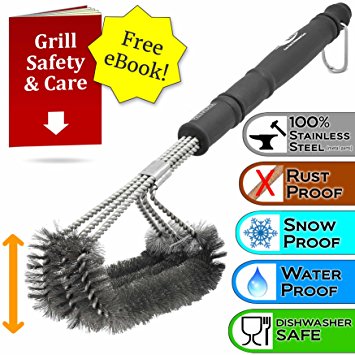 Premiala BBQ Grill Brush - High Front Triple Head – The ONLY 100% rust-proof high-nickel 304 stainless steel! Extended bristle wrap best for cleaning iron, steel, porcelain barbecue smoker grates triple head. 18” long.