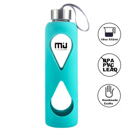 18oz Glass Water Bottle MIUCOLOR - Anti-slip Silicone Sleeve with Eco-friendly Borosilicate Glass Bottle, BPA, PVC, Plastic and Lead Free, Tiffany Blue, Rational Grey, Romantic Red