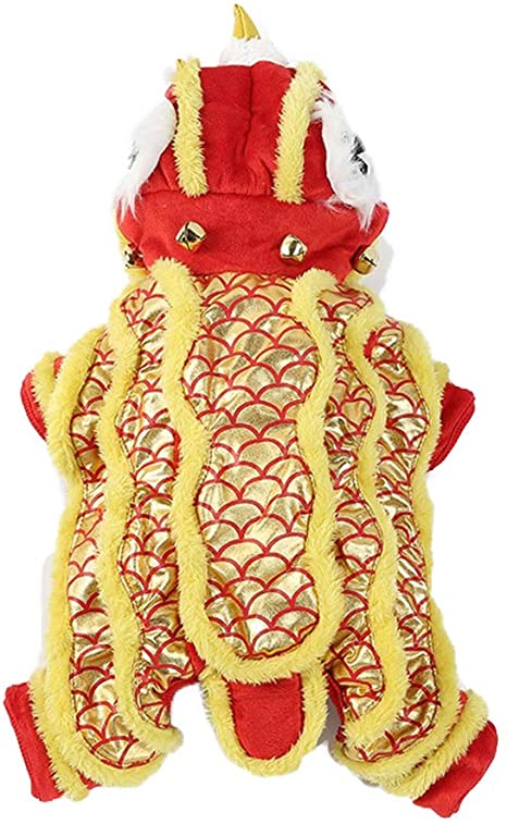 DELIFUR Dog Dance Lion Costume with Yellow Sequins New Year Pet Costume Four Legs Hoodies for Small Meduim Large Dogs (Large)