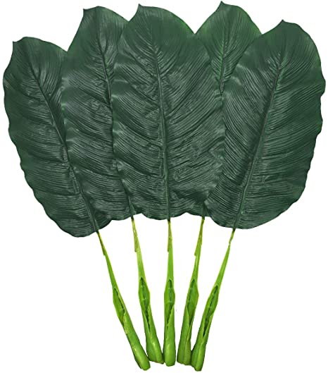 Fake Leaves 25'' Large Artificial Palm Leaves Banana Leaves Tropical Plant Green Single Leaf Palm Fronds Hawaiian Luau Party Theme Palm Sunday Decorations 5 Pcs (Dark Green)